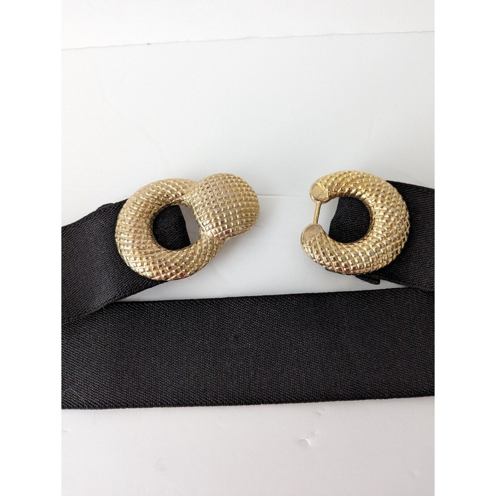Vintage Motion East Black Elastic Stretch Belt Gold Detail Hook Closure 80s 90s - Picture 3 of 5